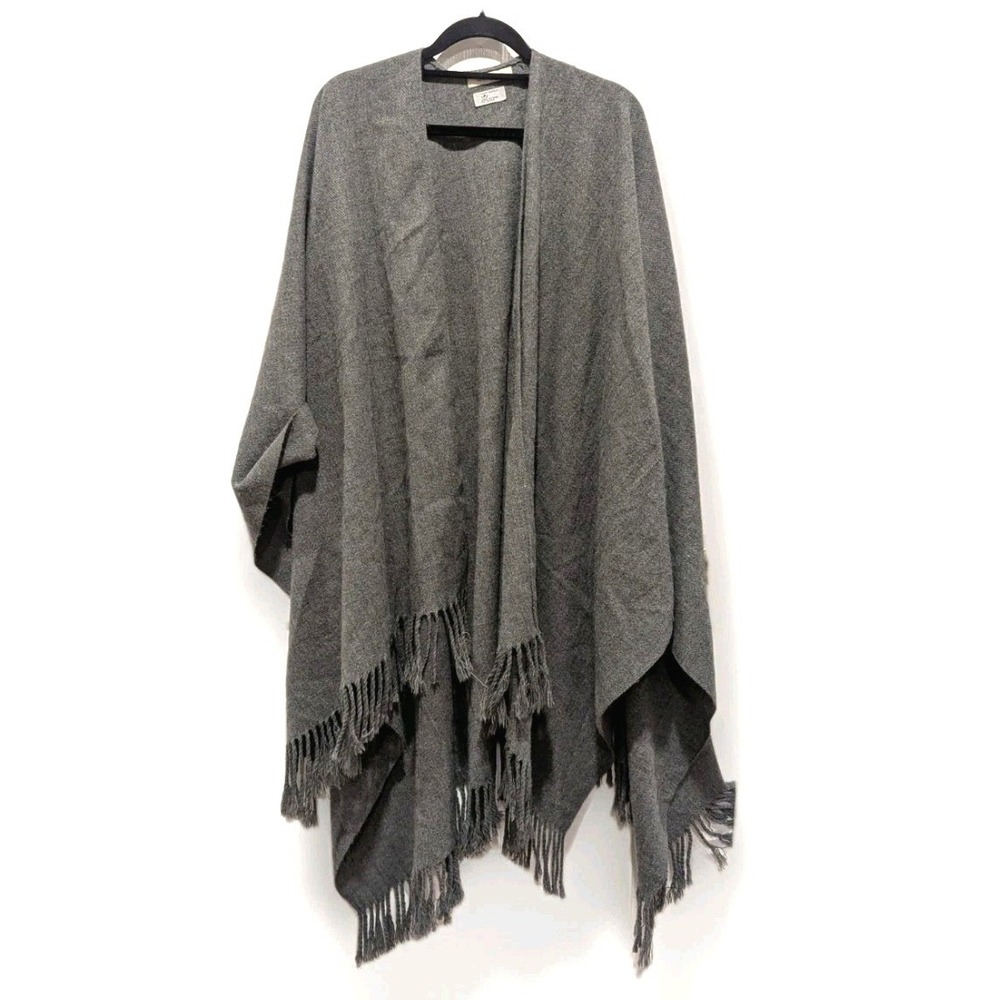 Boho Fringe Ruana Wrap Gray Open Front Shawl Poncho One Size Appleseed's VTG